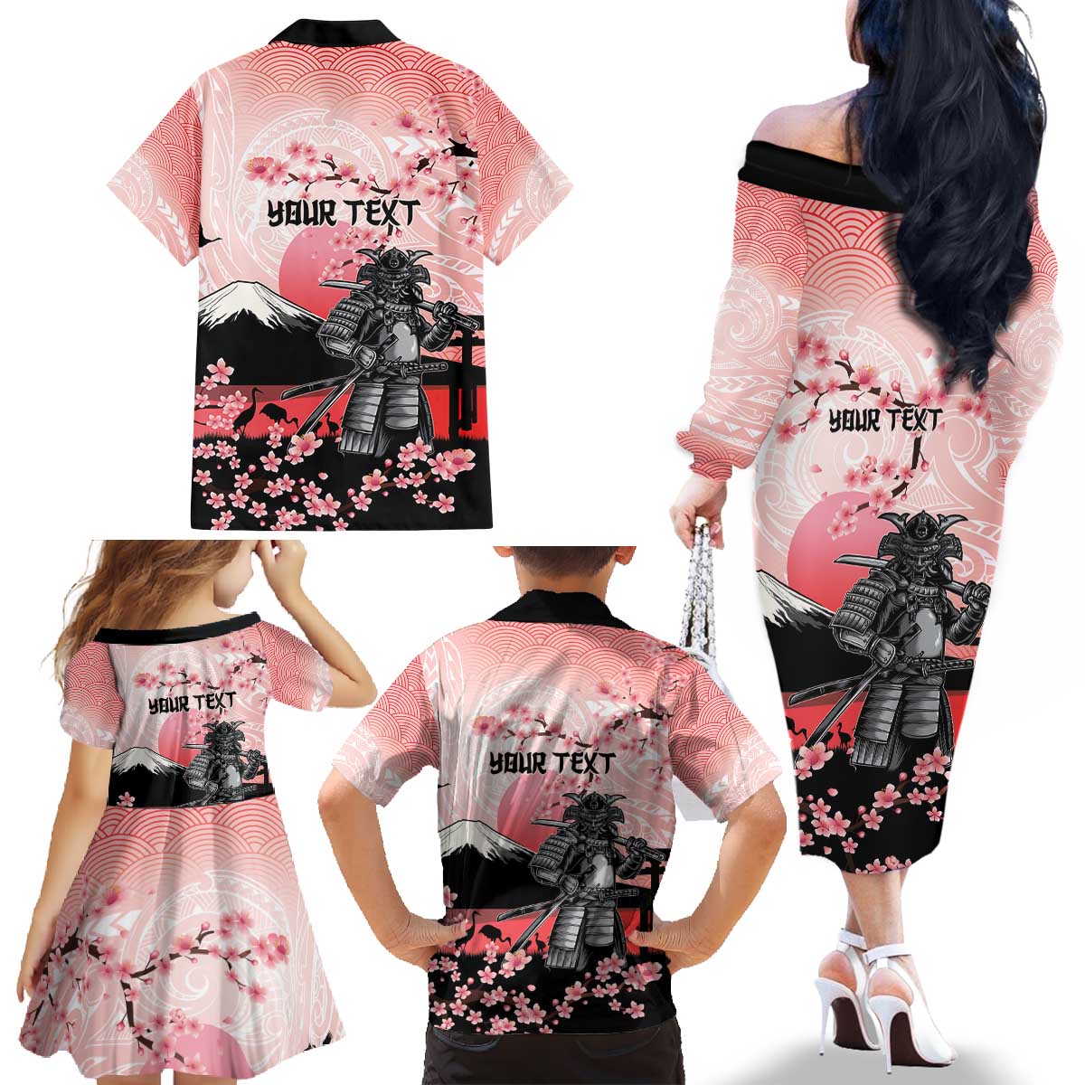 Personalised Japan Samurai Warrior Family Matching Off The Shoulder Long Sleeve Dress and Hawaiian Shirt Japanese Cherry Blossom Polynesian Pattern LT14 - Polynesian Pride