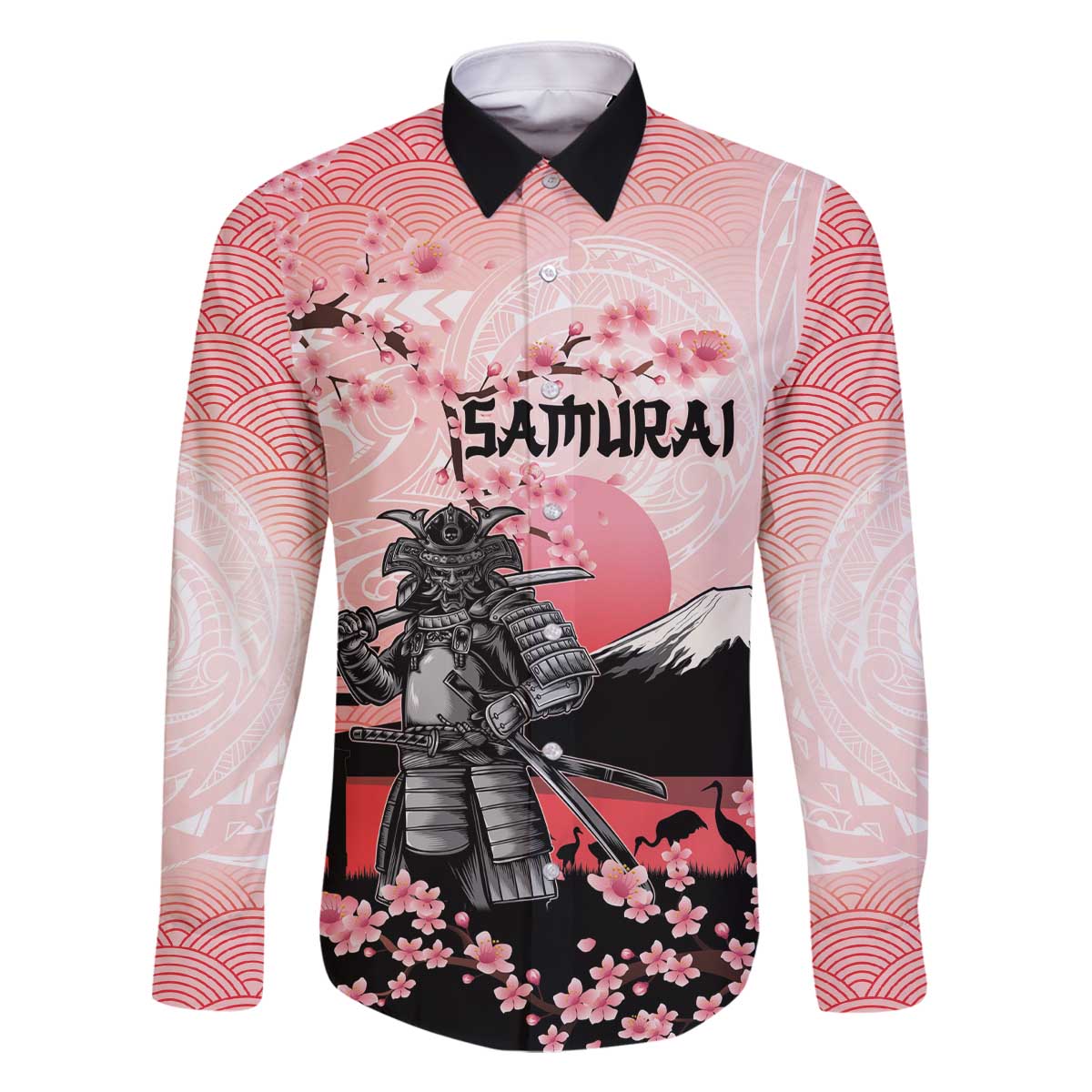 Personalised Japan Samurai Warrior Family Matching Off The Shoulder Long Sleeve Dress and Hawaiian Shirt Japanese Cherry Blossom Polynesian Pattern LT14 Dad's Shirt - Long Sleeve Pink - Polynesian Pride