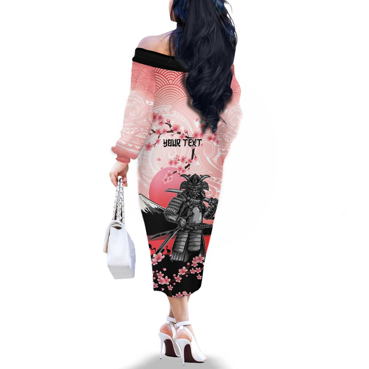 Personalised Japan Samurai Warrior Family Matching Off The Shoulder Long Sleeve Dress and Hawaiian Shirt Japanese Cherry Blossom Polynesian Pattern LT14 - Polynesian Pride