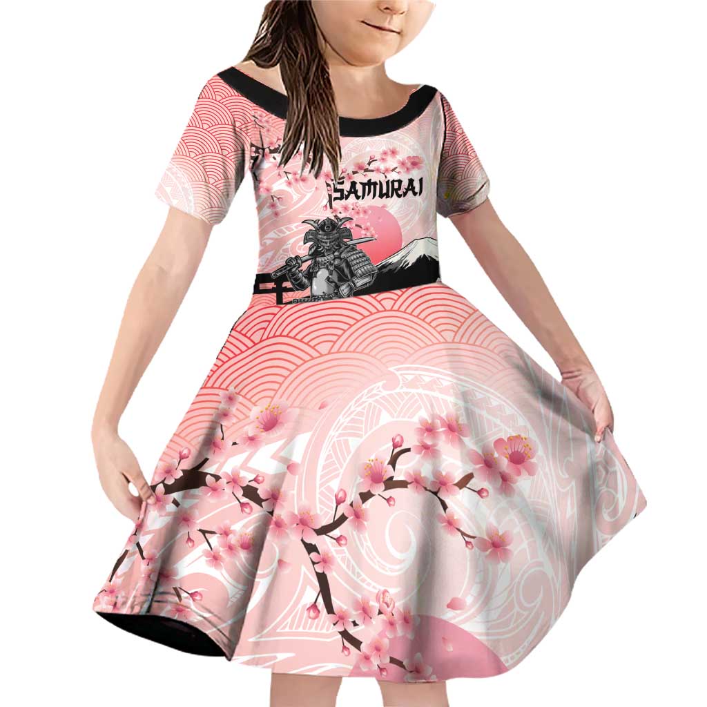 Personalised Japan Samurai Warrior Family Matching Off Shoulder Short Dress and Hawaiian Shirt Japanese Cherry Blossom Polynesian Pattern LT14 Daughter's Dress Pink - Polynesian Pride
