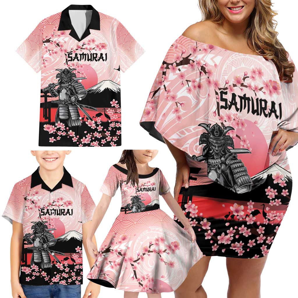 Personalised Japan Samurai Warrior Family Matching Off Shoulder Short Dress and Hawaiian Shirt Japanese Cherry Blossom Polynesian Pattern LT14 - Polynesian Pride