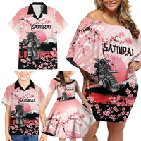 Personalised Japan Samurai Warrior Family Matching Off Shoulder Short Dress and Hawaiian Shirt Japanese Cherry Blossom Polynesian Pattern LT14 - Polynesian Pride