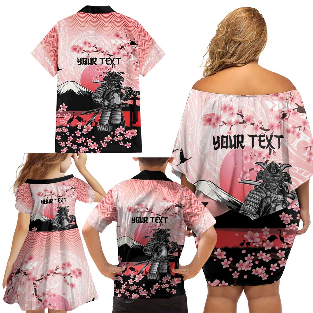 Personalised Japan Samurai Warrior Family Matching Off Shoulder Short Dress and Hawaiian Shirt Japanese Cherry Blossom Polynesian Pattern LT14 - Polynesian Pride