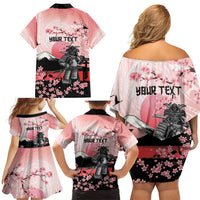 Personalised Japan Samurai Warrior Family Matching Off Shoulder Short Dress and Hawaiian Shirt Japanese Cherry Blossom Polynesian Pattern LT14 - Polynesian Pride