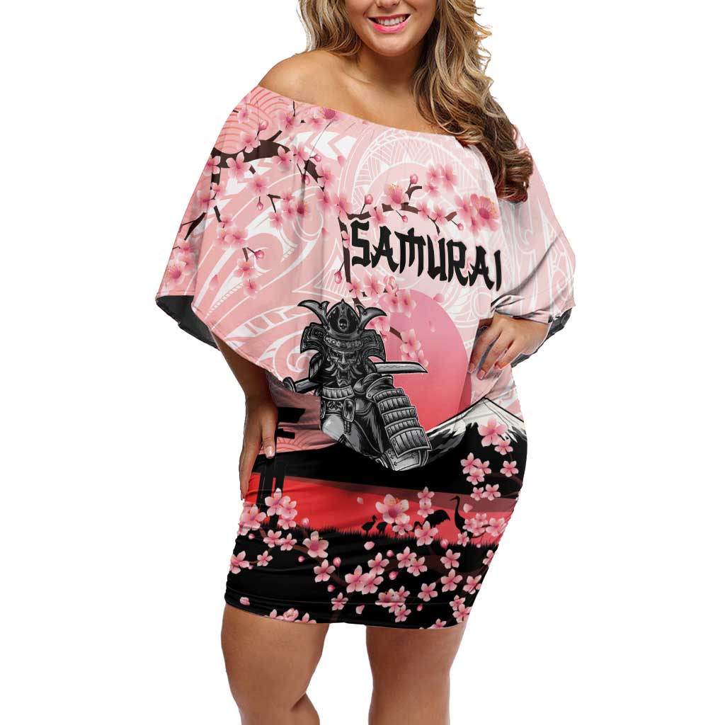 Personalised Japan Samurai Warrior Family Matching Off Shoulder Short Dress and Hawaiian Shirt Japanese Cherry Blossom Polynesian Pattern LT14 Mom's Dress Pink - Polynesian Pride