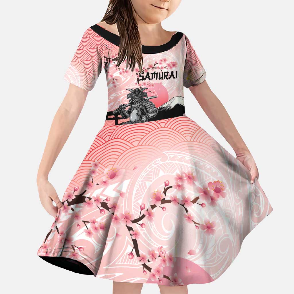 Personalised Japan Samurai Warrior Family Matching Tank Maxi Dress and Hawaiian Shirt Japanese Cherry Blossom Polynesian Pattern LT14 Daughter's Dress Pink - Polynesian Pride