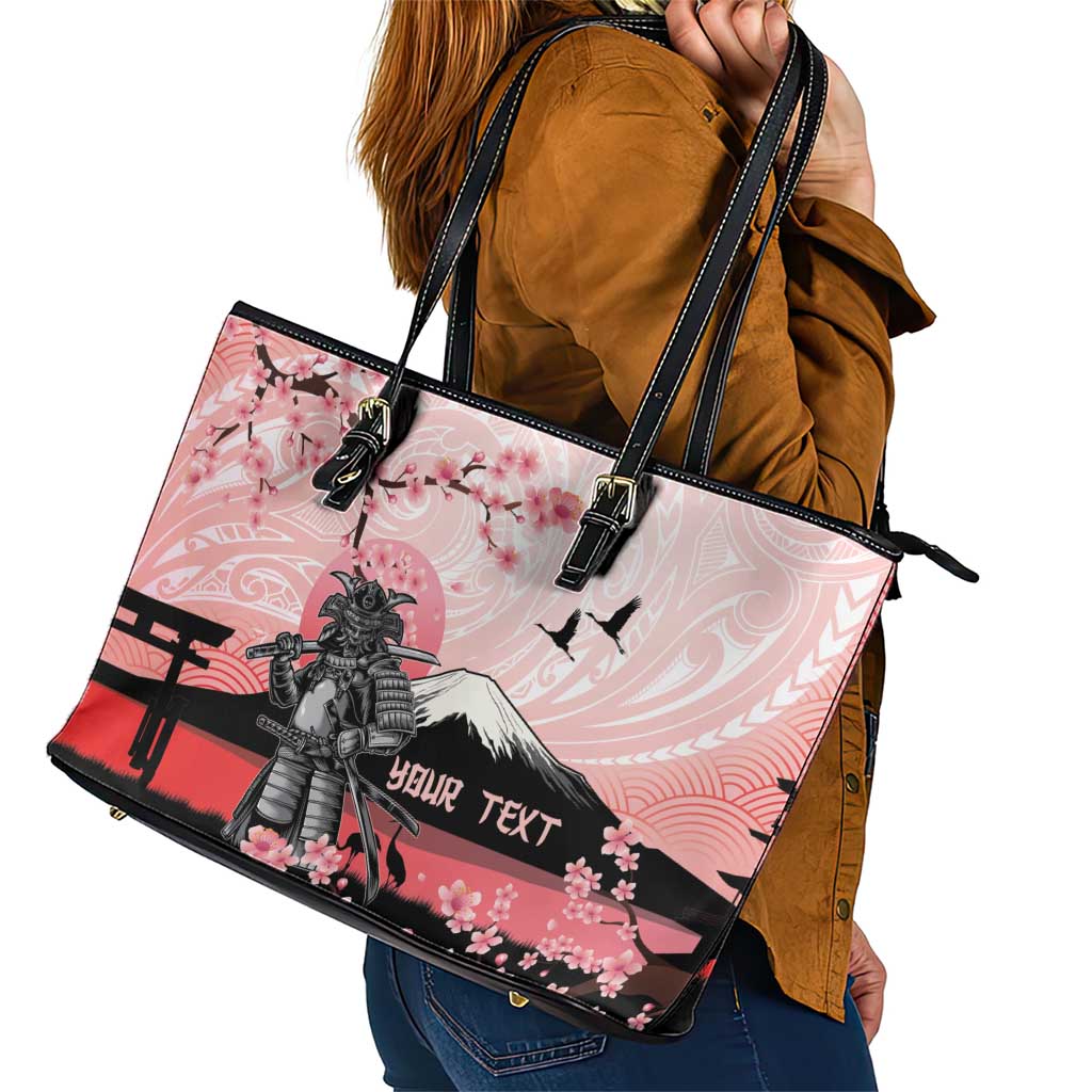 Personalised Japan Samurai Warrior Leather Tote Bag Japanese Cherry Blossom Polynesian Pattern LT14 - Polynesian Pride