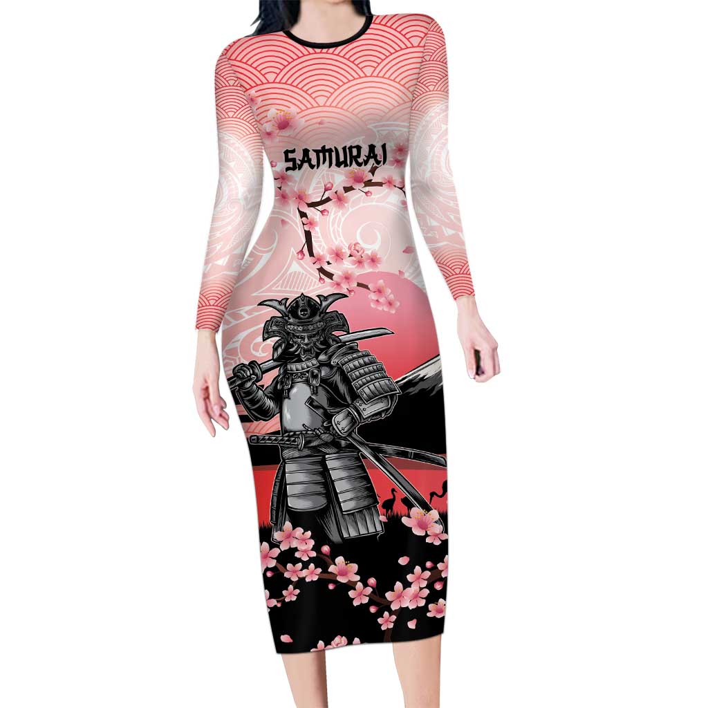Personalised Japan Samurai Warrior Long Sleeve Bodycon Dress Japanese Cherry Blossom Polynesian Pattern LT14 Long Dress Pink - Polynesian Pride