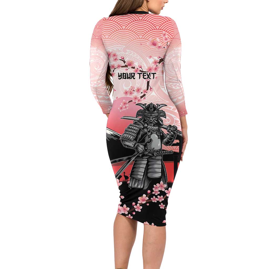 Personalised Japan Samurai Warrior Long Sleeve Bodycon Dress Japanese Cherry Blossom Polynesian Pattern LT14 - Polynesian Pride
