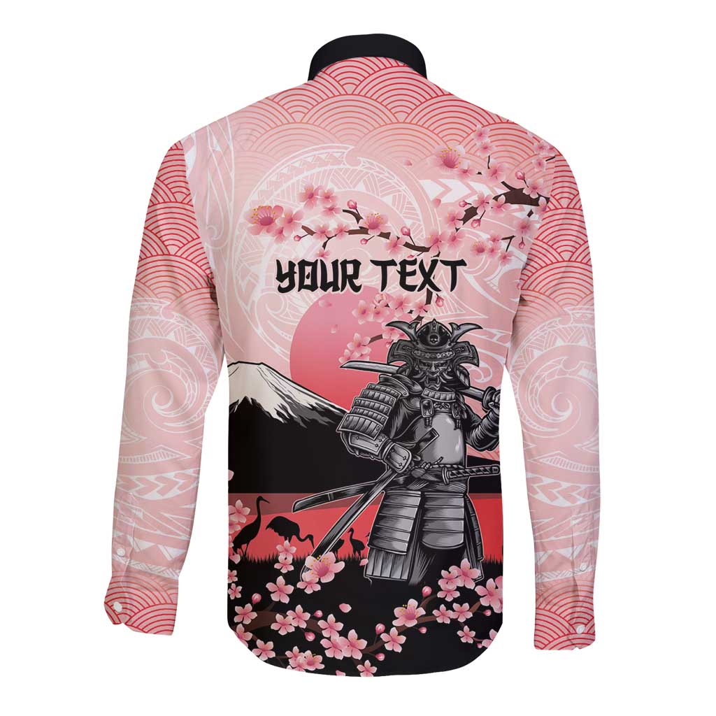 Personalised Japan Samurai Warrior Long Sleeve Button Shirt Japanese Cherry Blossom Polynesian Pattern - Polynesian Pride
