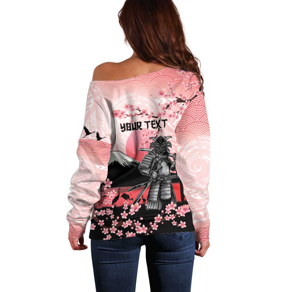 Personalised Japan Samurai Warrior Off Shoulder Sweater Japanese Cherry Blossom Polynesian Pattern - Polynesian Pride