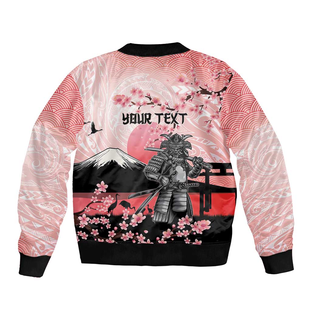 Personalised Japan Samurai Warrior Sleeve Zip Bomber Jacket Japanese Cherry Blossom Polynesian Pattern - Polynesian Pride