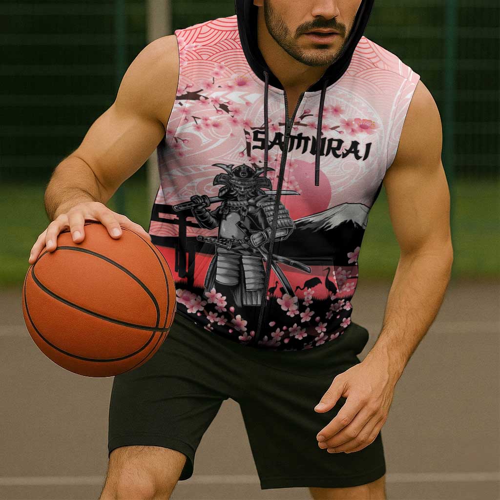 Personalised Japan Samurai Warrior Sleeveless Zip Hoodie Japanese Cherry Blossom Polynesian Pattern - Polynesian Pride