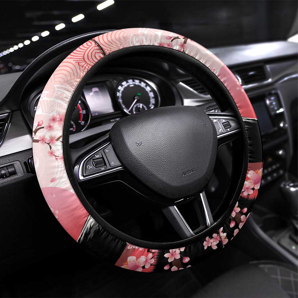 Japan Samurai Warrior Steering Wheel Cover Japanese Cherry Blossom Polynesian Pattern - Polynesian Pride