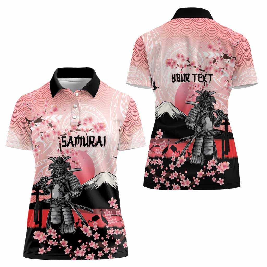 Personalised Japan Samurai Warrior Women Polo Shirt Japanese Cherry Blossom Polynesian Pattern - Polynesian Pride