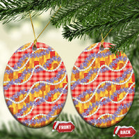 Hawaii Kahili Palaka Motifs Ceramic Ornament Hawaiian Honohono Pikake Lei LT14 Oval Red - Polynesian Pride