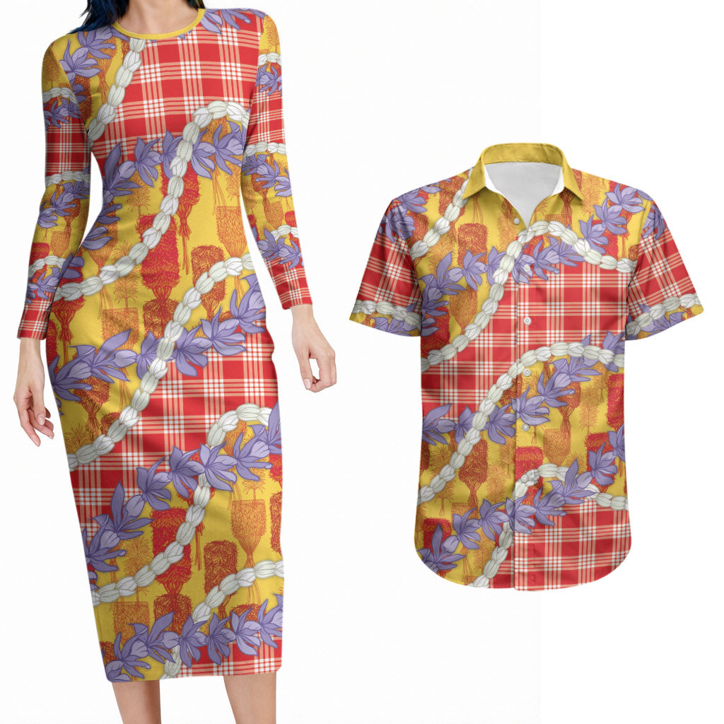 Hawaii Kahili Palaka Motifs Couples Matching Long Sleeve Bodycon Dress and Hawaiian Shirt Hawaiian Honohono Pikake Lei LT14 Red - Polynesian Pride