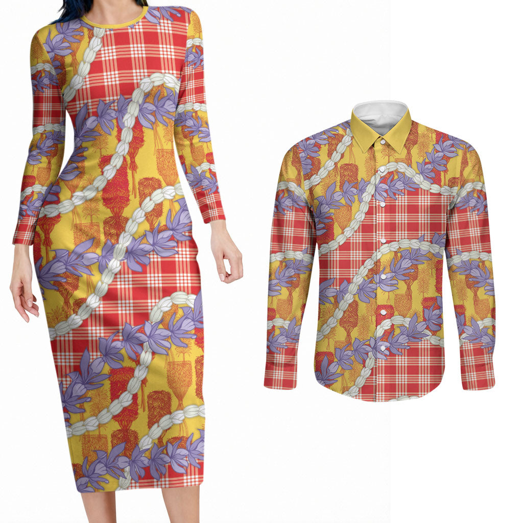 Hawaii Kahili Palaka Motifs Couples Matching Long Sleeve Bodycon Dress and Long Sleeve Button Shirt Hawaiian Honohono Pikake Lei LT14 Red - Polynesian Pride