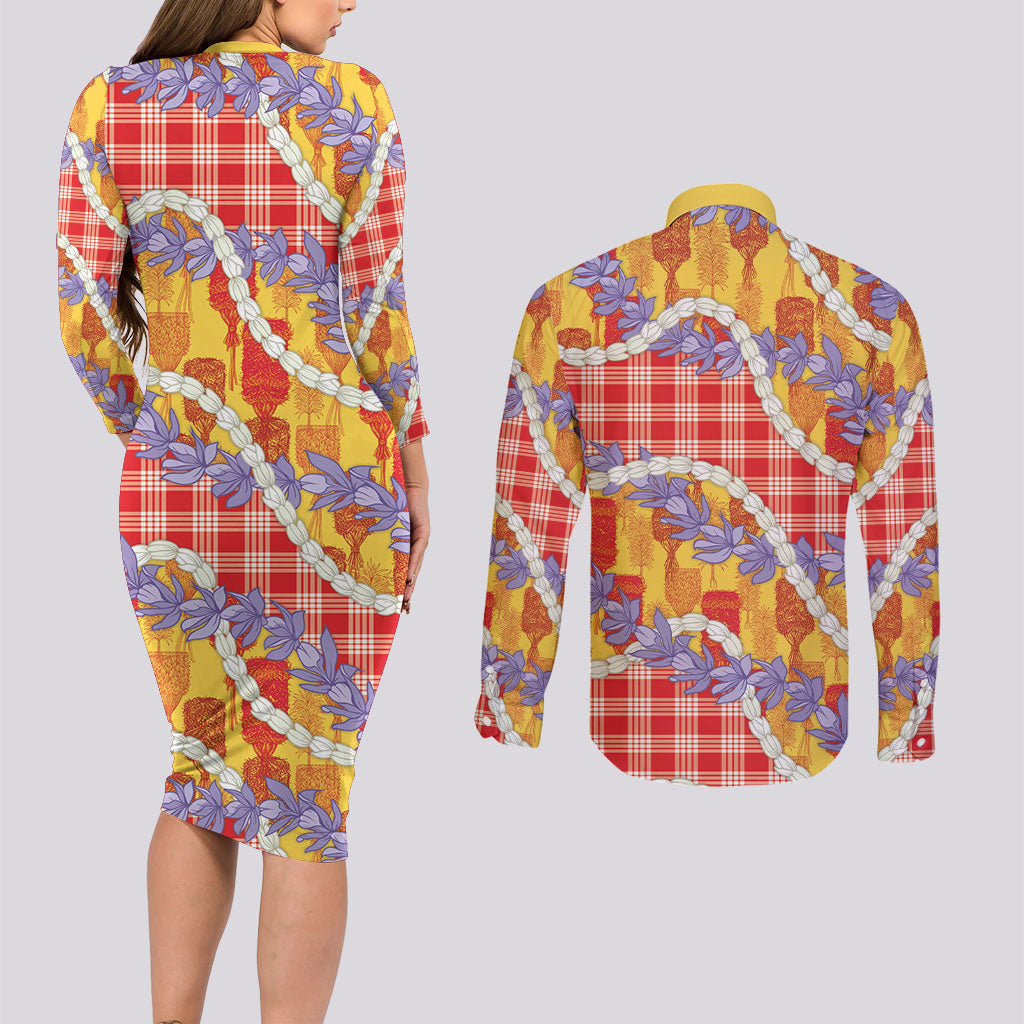 Hawaii Kahili Palaka Motifs Couples Matching Long Sleeve Bodycon Dress and Long Sleeve Button Shirt Hawaiian Honohono Pikake Lei