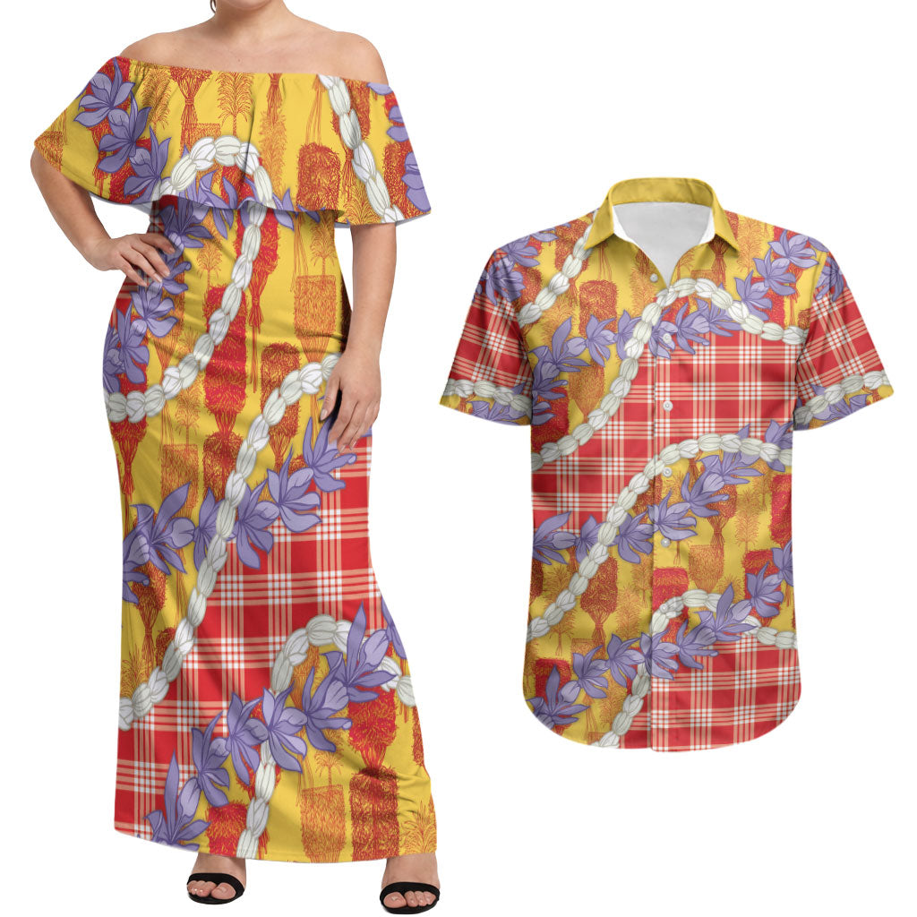 Hawaii Kahili Palaka Motifs Couples Matching Off Shoulder Maxi Dress and Hawaiian Shirt Hawaiian Honohono Pikake Lei LT14 Red - Polynesian Pride