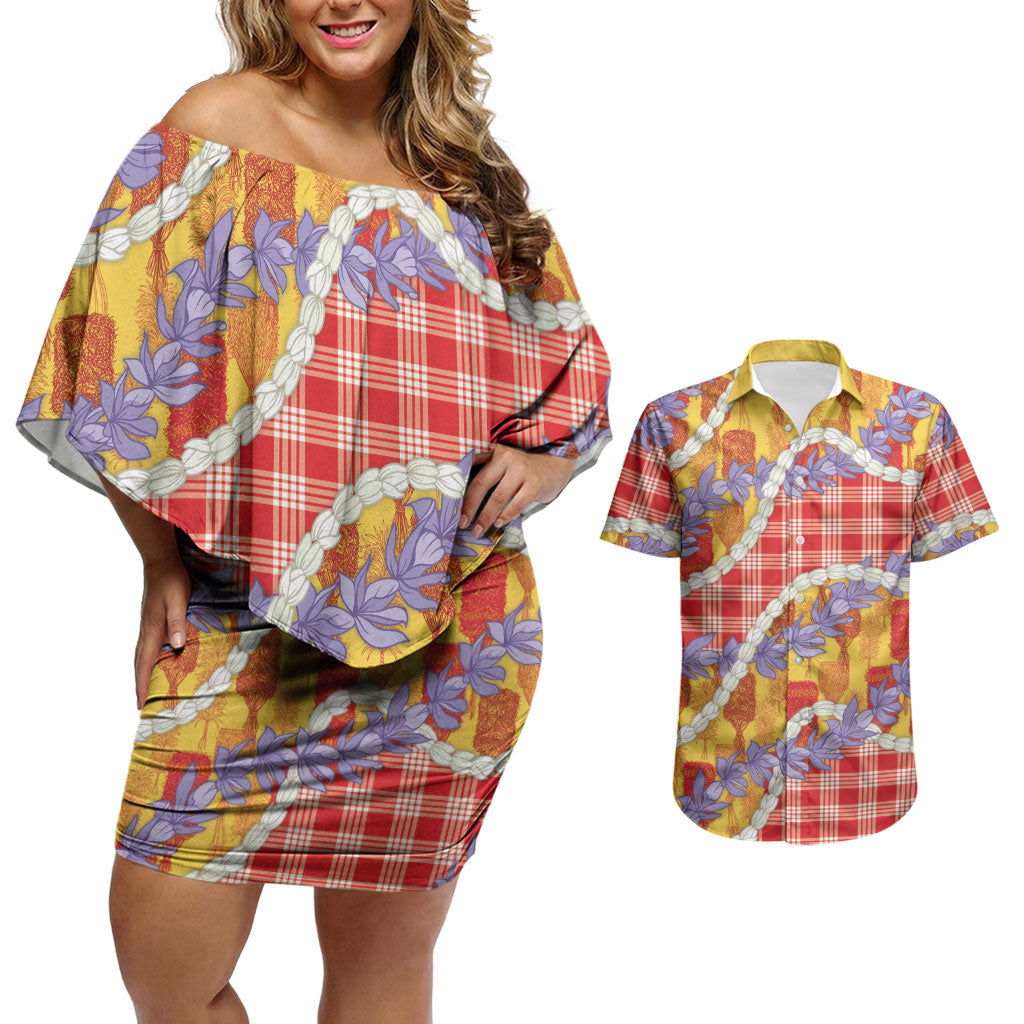 Hawaii Kahili Palaka Motifs Couples Matching Off Shoulder Short Dress and Hawaiian Shirt Hawaiian Honohono Pikake Lei LT14 Red - Polynesian Pride