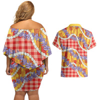 Hawaii Kahili Palaka Motifs Couples Matching Off Shoulder Short Dress and Hawaiian Shirt Hawaiian Honohono Pikake Lei LT14 - Polynesian Pride