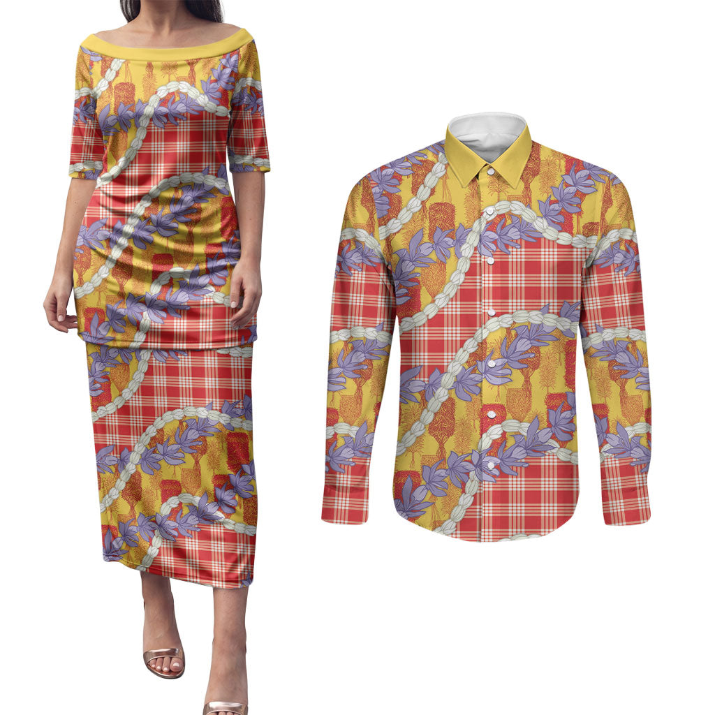 Hawaii Kahili Palaka Motifs Couples Matching Puletasi and Long Sleeve Button Shirt Hawaiian Honohono Pikake Lei LT14 Red - Polynesian Pride