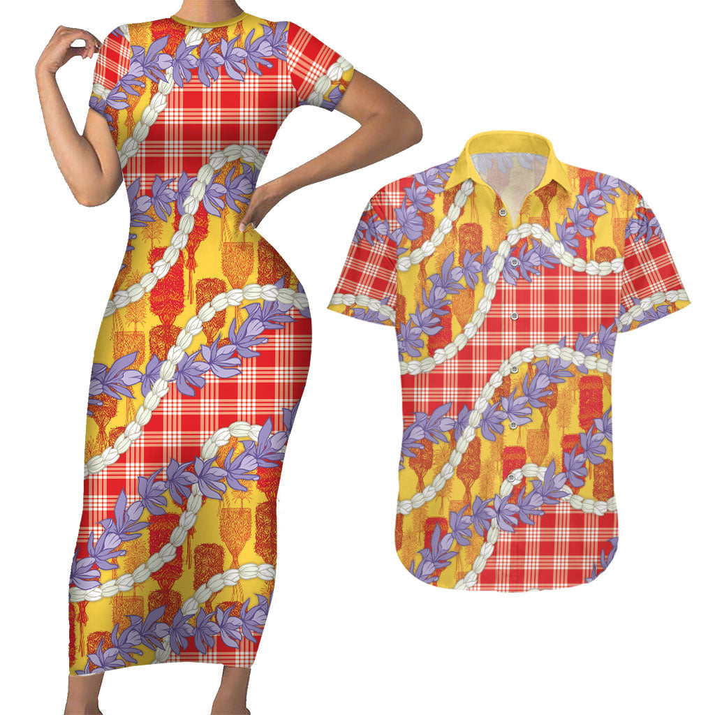 Hawaii Kahili Palaka Motifs Couples Matching Short Sleeve Bodycon Dress and Hawaiian Shirt Hawaiian Honohono Pikake Lei LT14 Red - Polynesian Pride