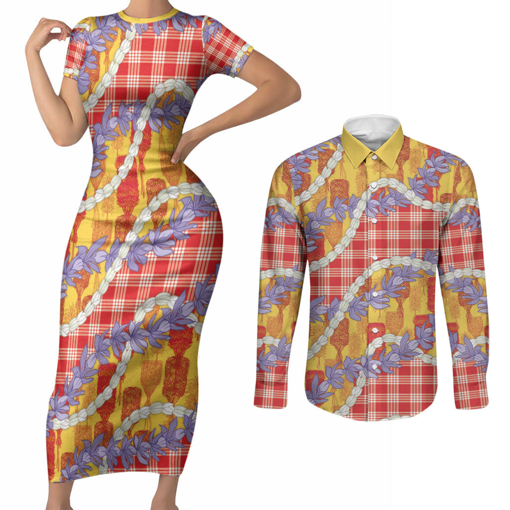 Hawaii Kahili Palaka Motifs Couples Matching Short Sleeve Bodycon Dress and Long Sleeve Button Shirt Hawaiian Honohono Pikake Lei LT14 Red - Polynesian Pride