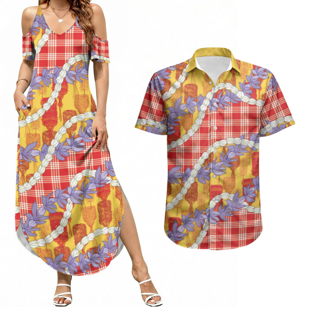 Hawaii Kahili Palaka Motifs Couples Matching Summer Maxi Dress and Hawaiian Shirt Hawaiian Honohono Pikake Lei LT14 Red - Polynesian Pride