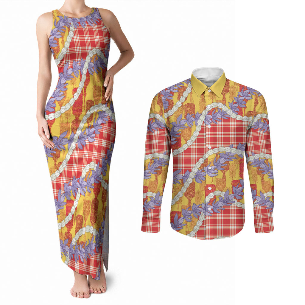 Hawaii Kahili Palaka Motifs Couples Matching Tank Maxi Dress and Long Sleeve Button Shirt Hawaiian Honohono Pikake Lei LT14 Red - Polynesian Pride