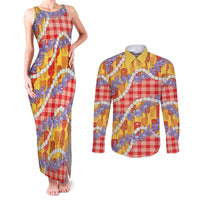 Hawaii Kahili Palaka Motifs Couples Matching Tank Maxi Dress and Long Sleeve Button Shirt Hawaiian Honohono Pikake Lei