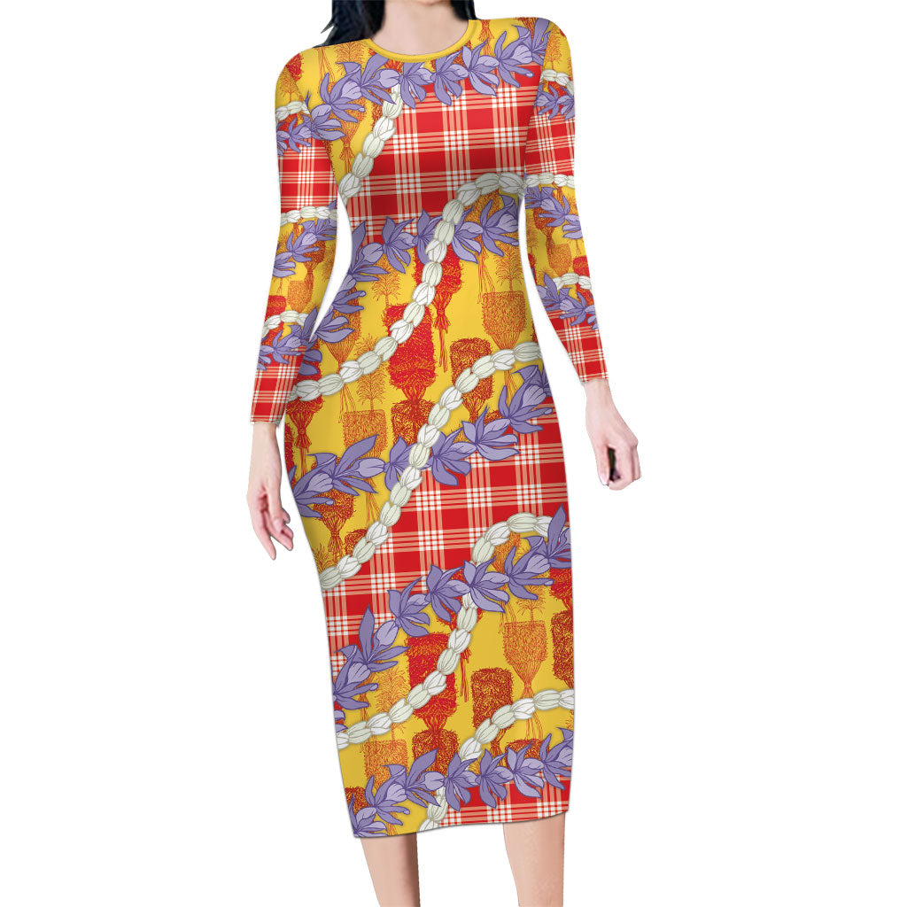 Hawaii Kahili Palaka Motifs Family Matching Long Sleeve Bodycon Dress and Hawaiian Shirt Hawaiian Honohono Pikake Lei LT14 Mom's Dress Red - Polynesian Pride