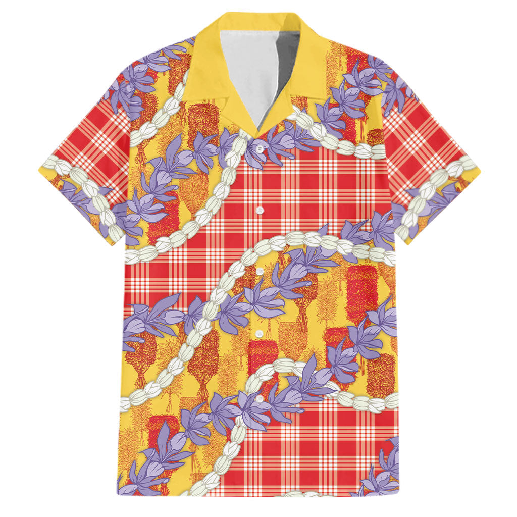 Hawaii Kahili Palaka Motifs Family Matching Off Shoulder Short Dress and Hawaiian Shirt Hawaiian Honohono Pikake Lei LT14 Dad's Shirt - Short Sleeve Red - Polynesian Pride