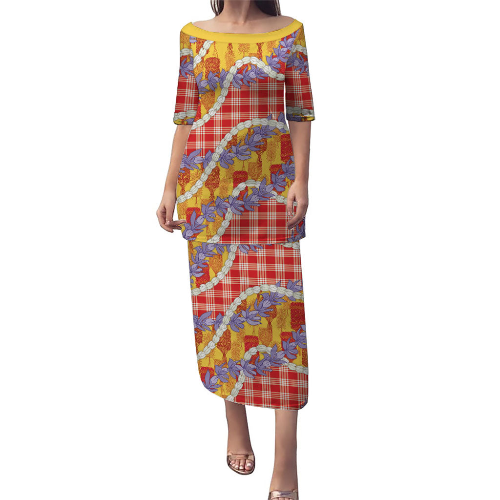 Hawaii Kahili Palaka Motifs Family Matching Puletasi and Hawaiian Shirt Hawaiian Honohono Pikake Lei LT14 Mom's Dress Red - Polynesian Pride
