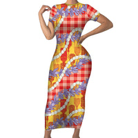 Hawaii Kahili Palaka Motifs Family Matching Short Sleeve Bodycon Dress and Hawaiian Shirt Hawaiian Honohono Pikake Lei LT14 Mom's Dress Red - Polynesian Pride