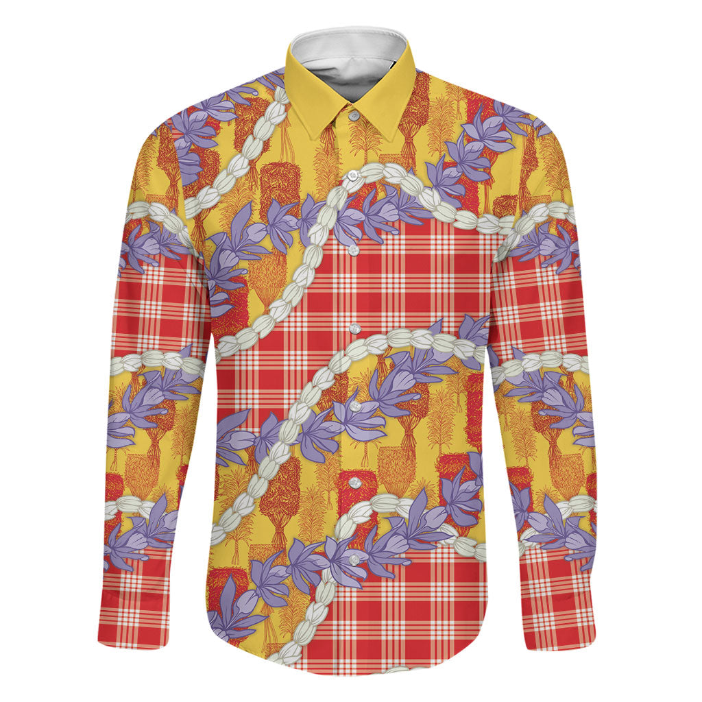 Hawaii Kahili Palaka Motifs Family Matching Tank Maxi Dress and Hawaiian Shirt Hawaiian Honohono Pikake Lei LT14 Dad's Shirt - Long Sleeve Red - Polynesian Pride