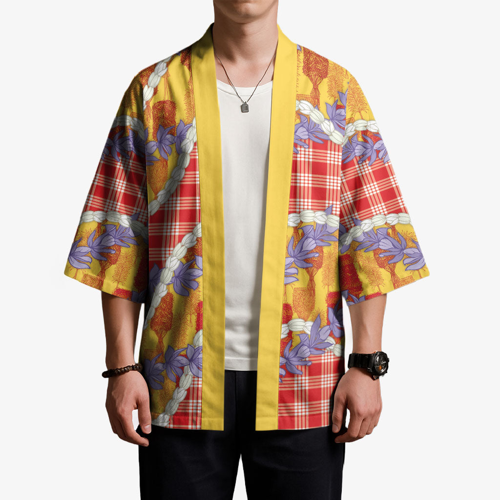 Hawaii Kahili Palaka Motifs Kimono Hawaiian Honohono Pikake Lei
