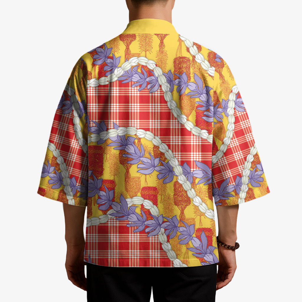 Hawaii Kahili Palaka Motifs Kimono Hawaiian Honohono Pikake Lei