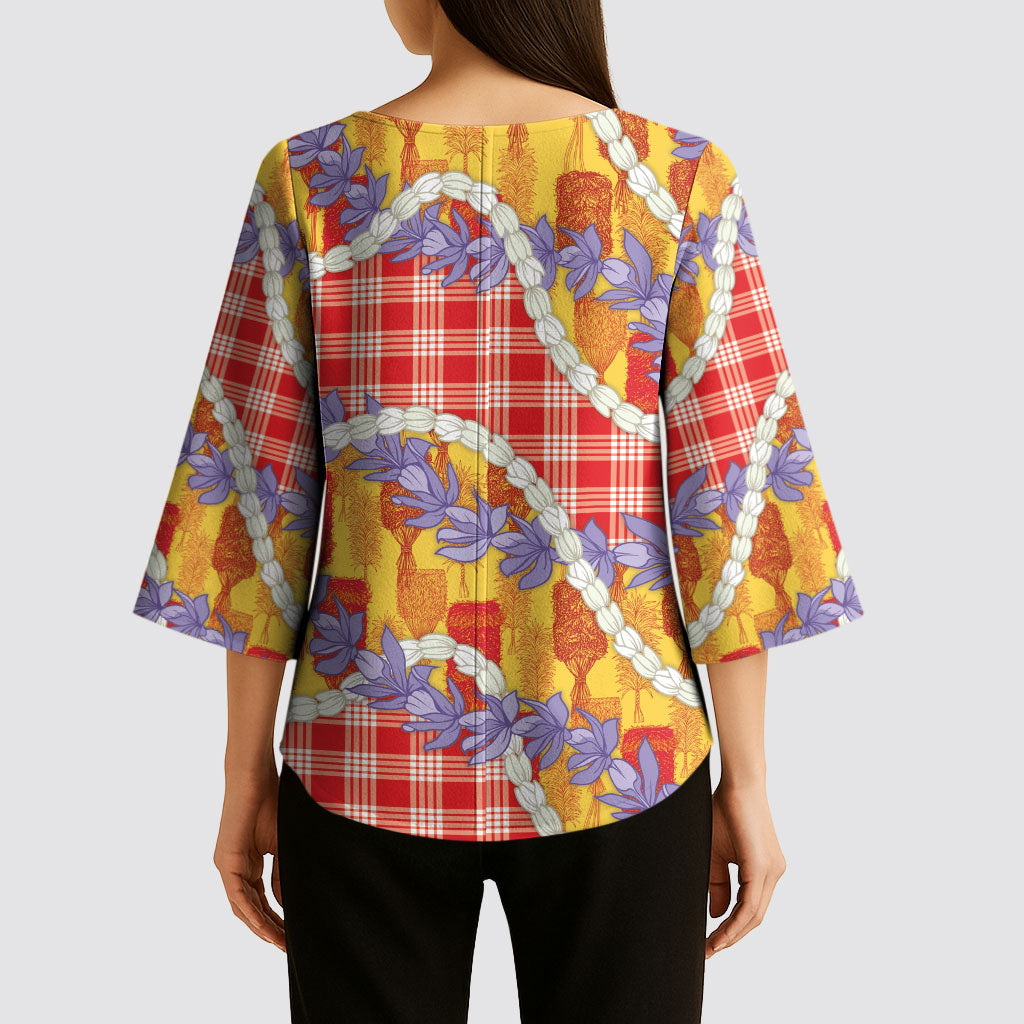 Hawaii Kahili Palaka Motifs Kimono Sleeve Blouse Hawaiian Honohono Pikake Lei LT14 - Polynesian Pride