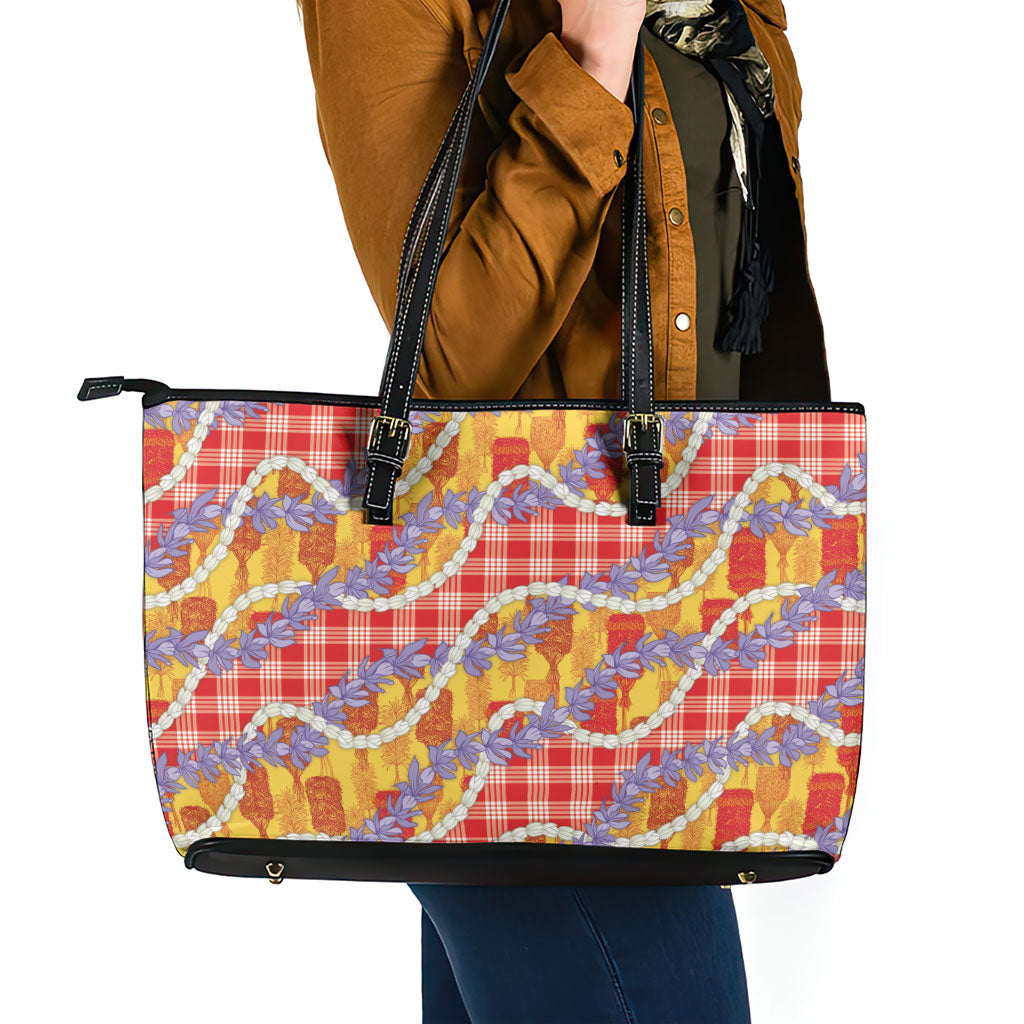 Hawaii Kahili Palaka Motifs Leather Tote Bag Hawaiian Honohono Pikake Lei