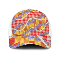 Hawaii Kahili Palaka Motifs Mesh Trucker Cap Hawaiian Honohono Pikake Lei LT14 One Size White Red - Polynesian Pride