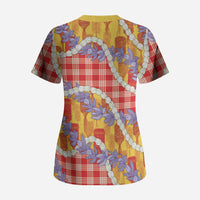 Hawaii Kahili Palaka Motifs Scrub Top Hawaiian Honohono Pikake Lei