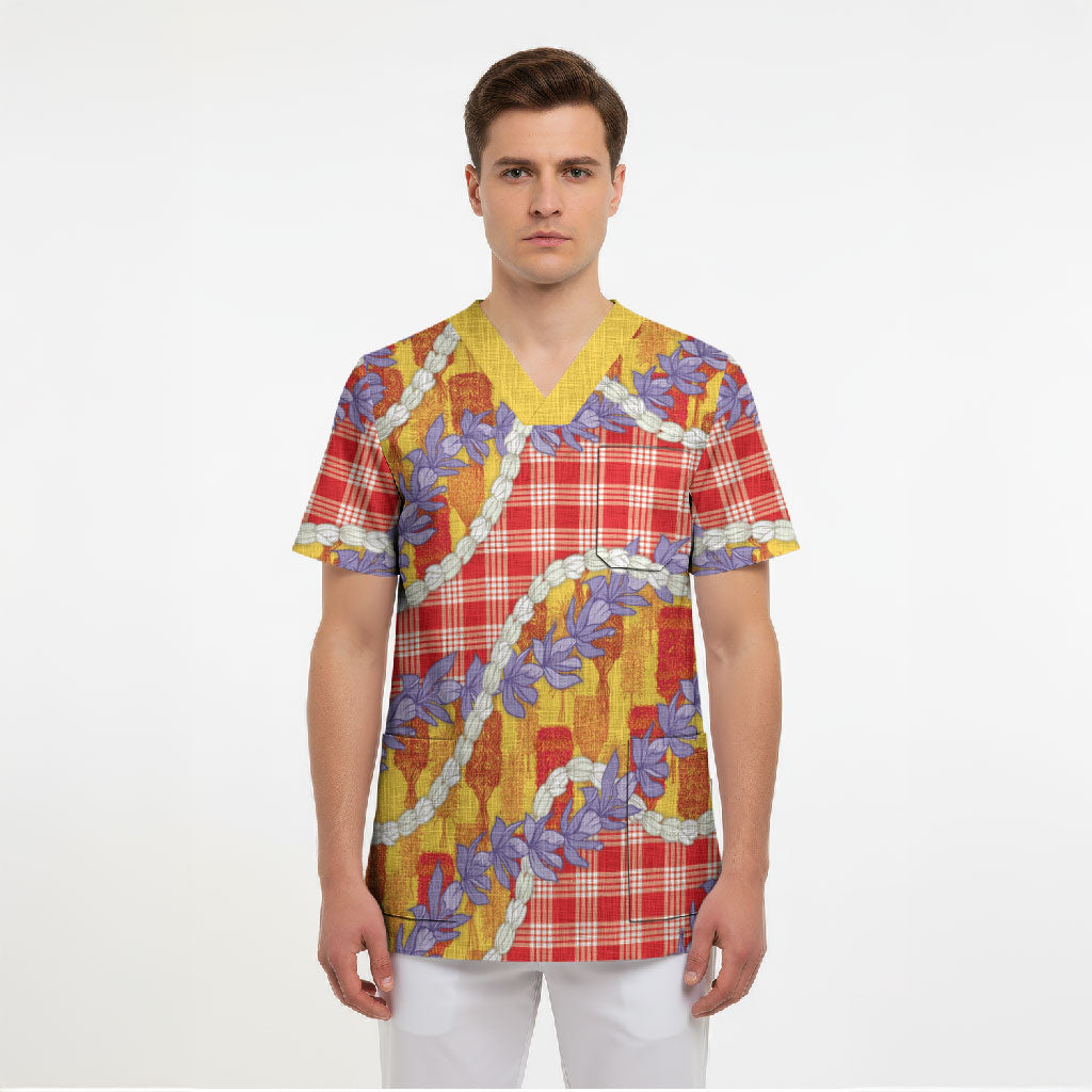 Hawaii Kahili Palaka Motifs Scrub Top Hawaiian Honohono Pikake Lei