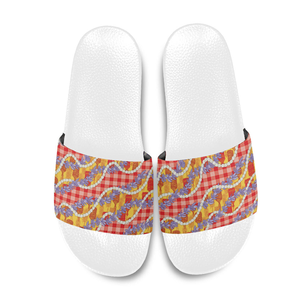Hawaii Kahili Palaka Motifs Slide Sandals Hawaiian Honohono Pikake Lei
