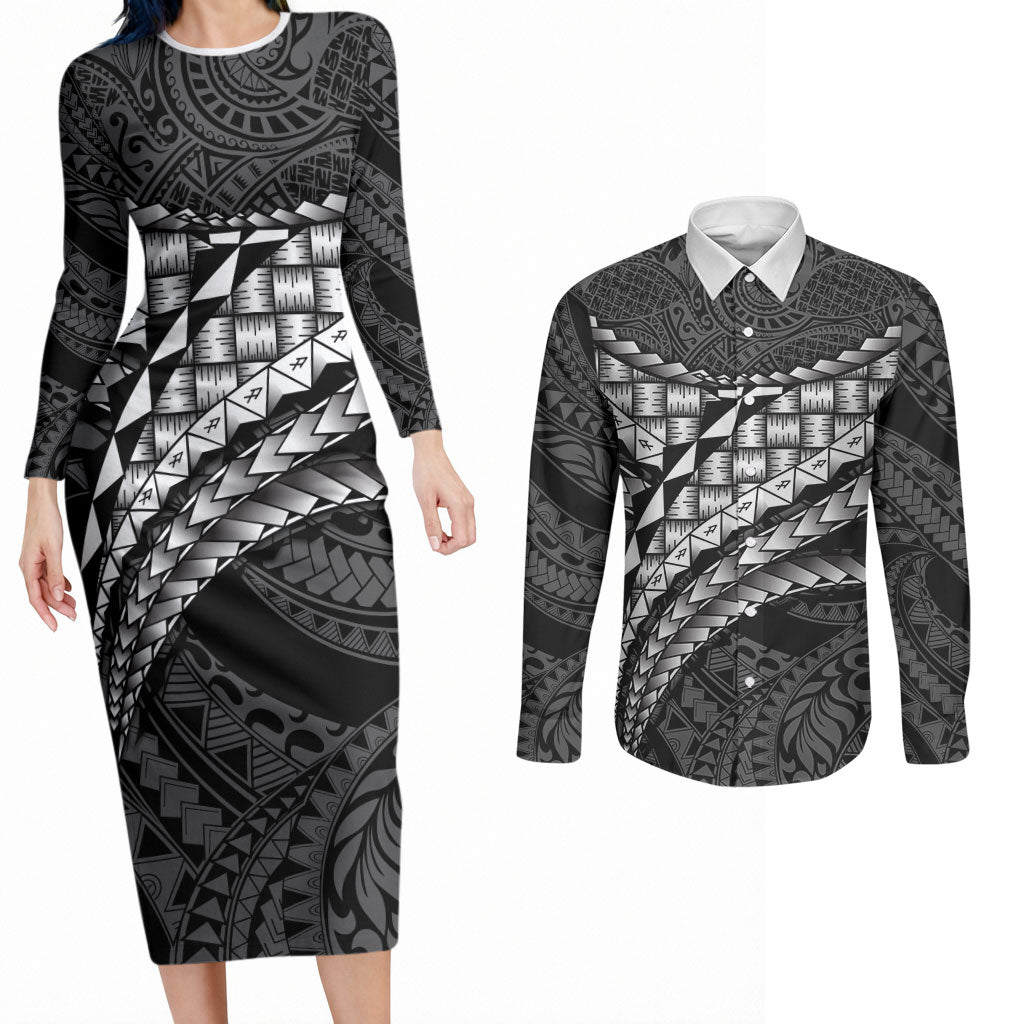 Hawaii Lauhala Tattoo Couples Matching Long Sleeve Bodycon Dress and Long Sleeve Button Shirt Hawaiian Hala Leaf Weaving LT14 Black - Polynesian Pride