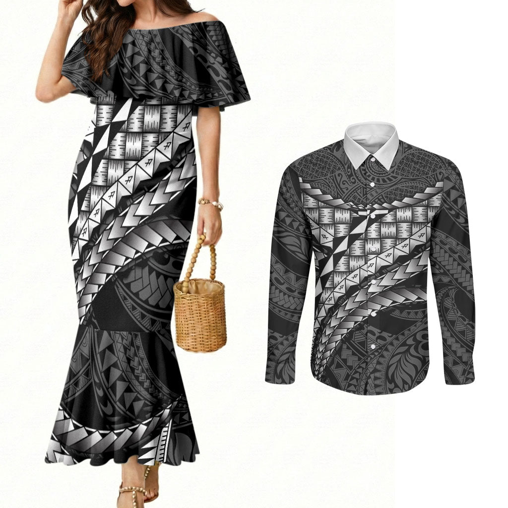 Hawaii Lauhala Tattoo Couples Matching Mermaid Dress and Long Sleeve Button Shirt Hawaiian Hala Leaf Weaving LT14 Black - Polynesian Pride