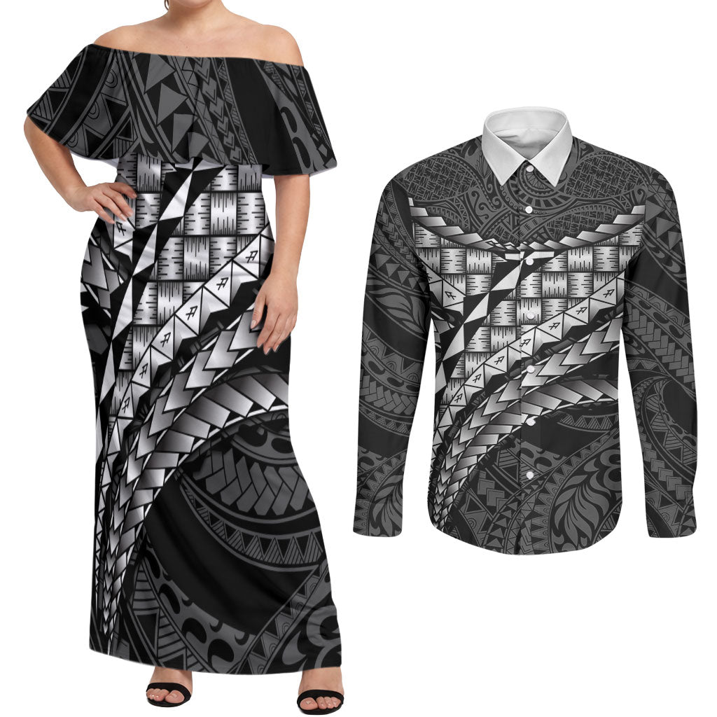 Hawaii Lauhala Tattoo Couples Matching Off Shoulder Maxi Dress and Long Sleeve Button Shirt Hawaiian Hala Leaf Weaving LT14 Black - Polynesian Pride