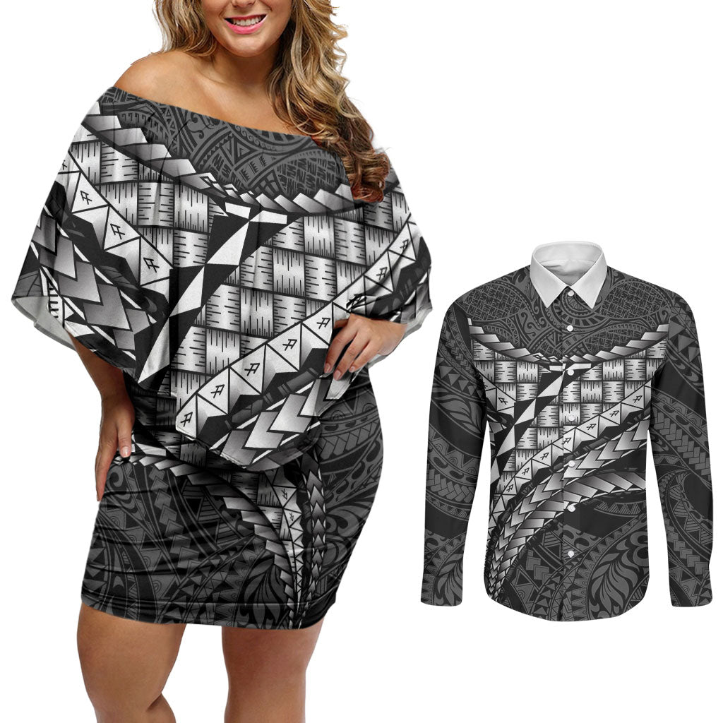 Hawaii Lauhala Tattoo Couples Matching Off Shoulder Short Dress and Long Sleeve Button Shirt Hawaiian Hala Leaf Weaving LT14 Black - Polynesian Pride