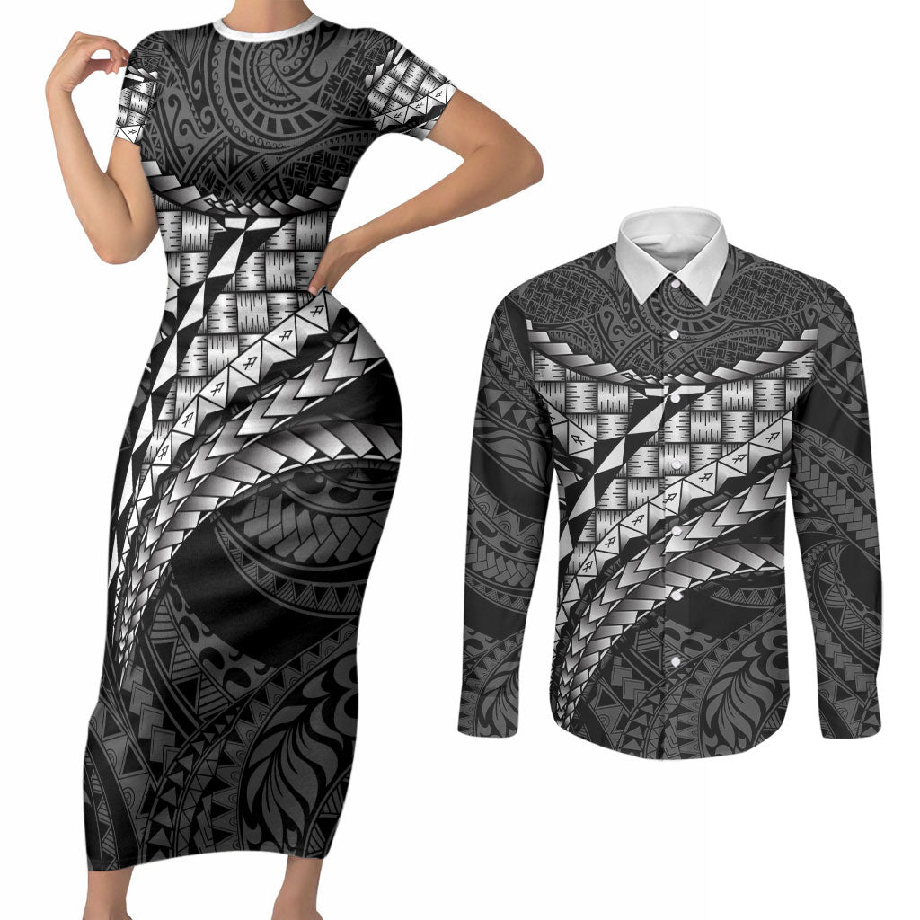 Hawaii Lauhala Tattoo Couples Matching Short Sleeve Bodycon Dress and Long Sleeve Button Shirt Hawaiian Hala Leaf Weaving LT14 Black - Polynesian Pride